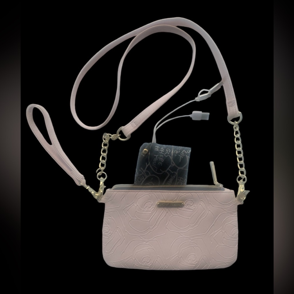 Betsey Johnson Pale Pink Crossbody Wristlet with built-in Portable Cell Charger